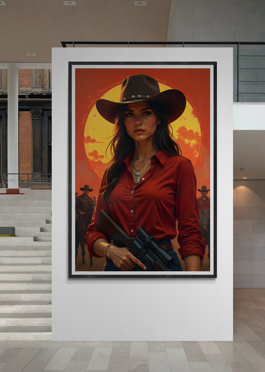 Sonnenuntergang im Wilden Westen – Cowgirl mit Gewehr