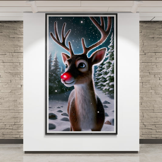 Rudolph das Rentier mit roter Nase im verschneiten Wald