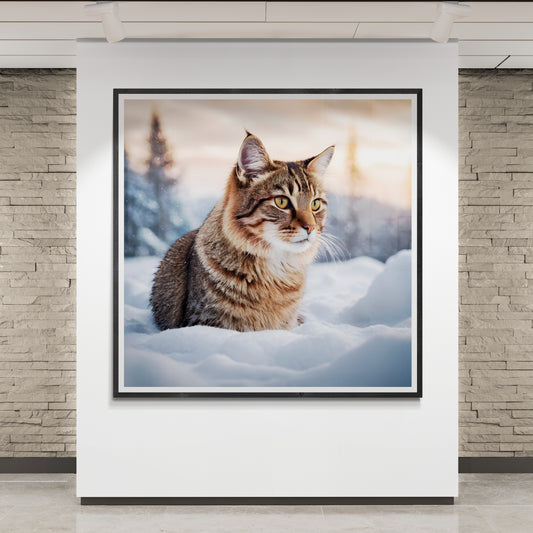 Winterliche Katze in verschneiter Landschaft