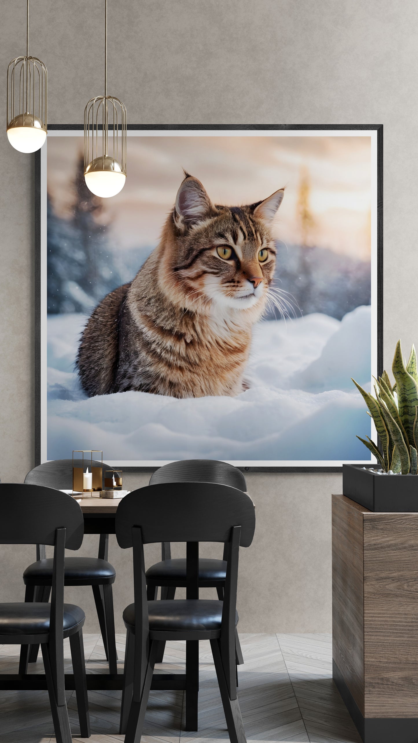 Winterliche Katze in verschneiter Landschaft