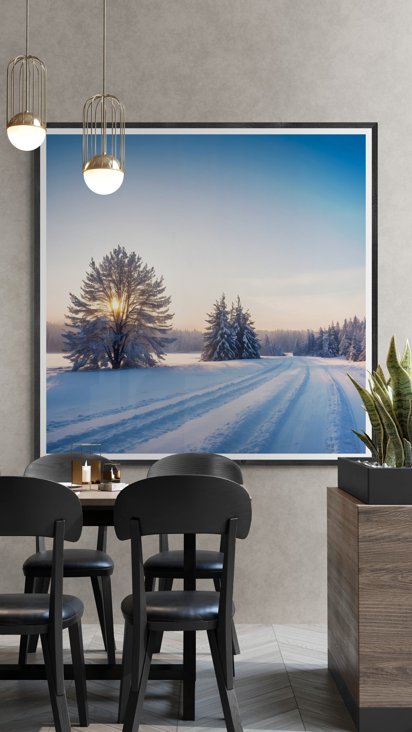 Winterliche Landschaft mit Schneepfad und Sonnenaufgang